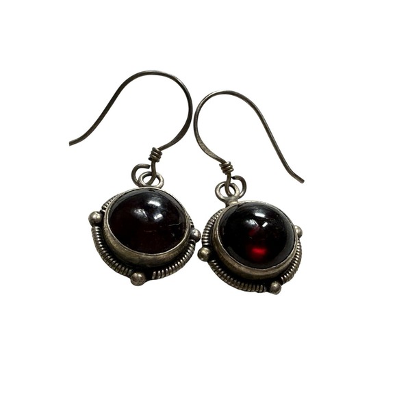 Vintage 925 Sterling Silver Red Cabochon Drop Earrings Garnet Look - Picture 2 of 10